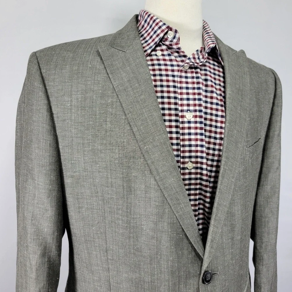 Calvin Klein Men's Sport‎ Coat Blazer Two Button Gray Herringbone Linen Wool 46R